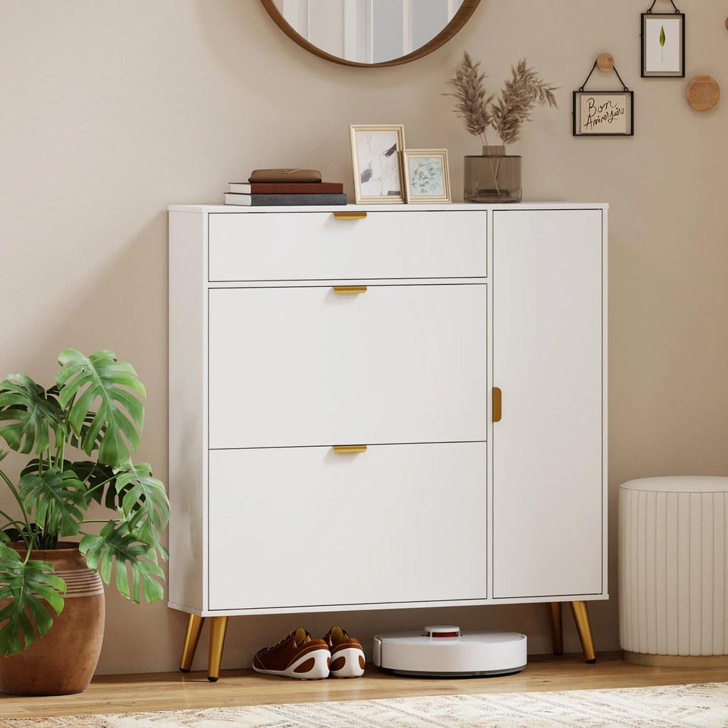 Sapateira com capacidade para 12 pares 99,4 x 23,8 x 106,6 cm, 2 gavetas rebatíveis, 4 compartimentos, branco