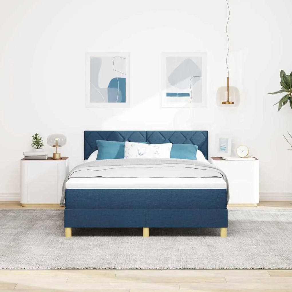 Cama Box Spring com Colchão e LED Azul 140x200 cm Tecido