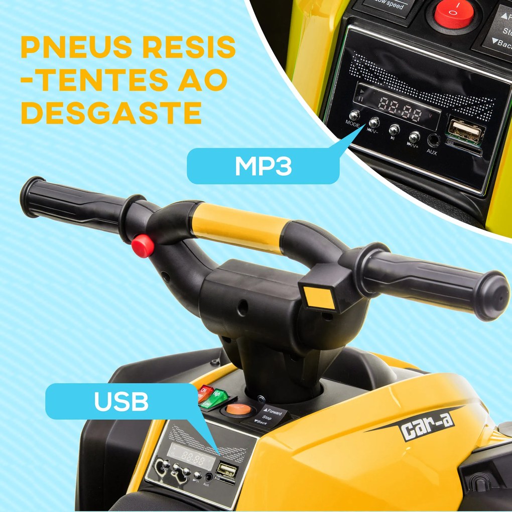 Moto 4 Elétrica para Crianças de 3-5 Anos Veículo Eléctrico a Bateria 12V com 2 Motores 83x53x55,5 cm Amarelo