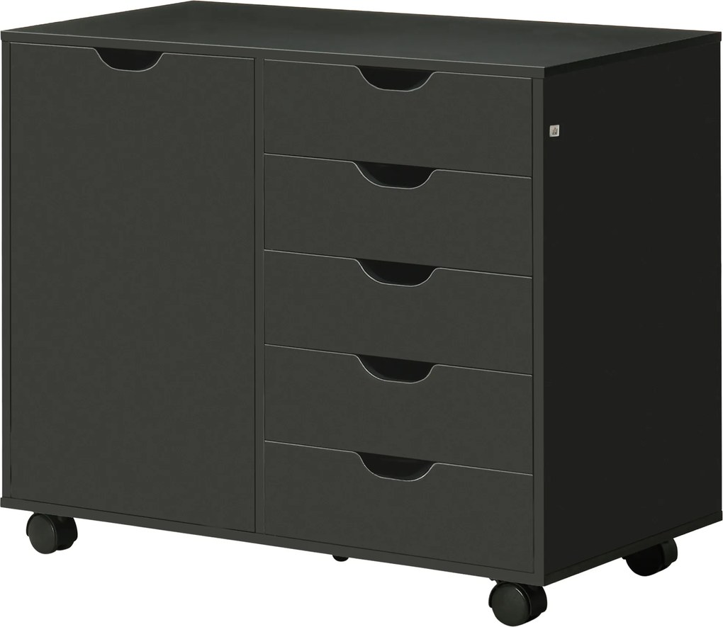 Arquivador de escritório de secretária com 5 gavetas 78 x 40 x 66,5 cm, 1 porta e prateleira ajustável, suporte para impressora com rodas, preto