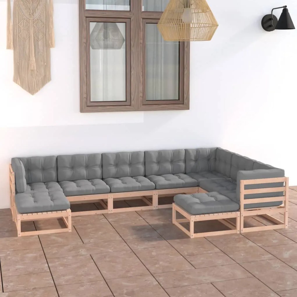vidaXL 9 pcs conjunto lounge de jardim c/ almofadões pinho maciço