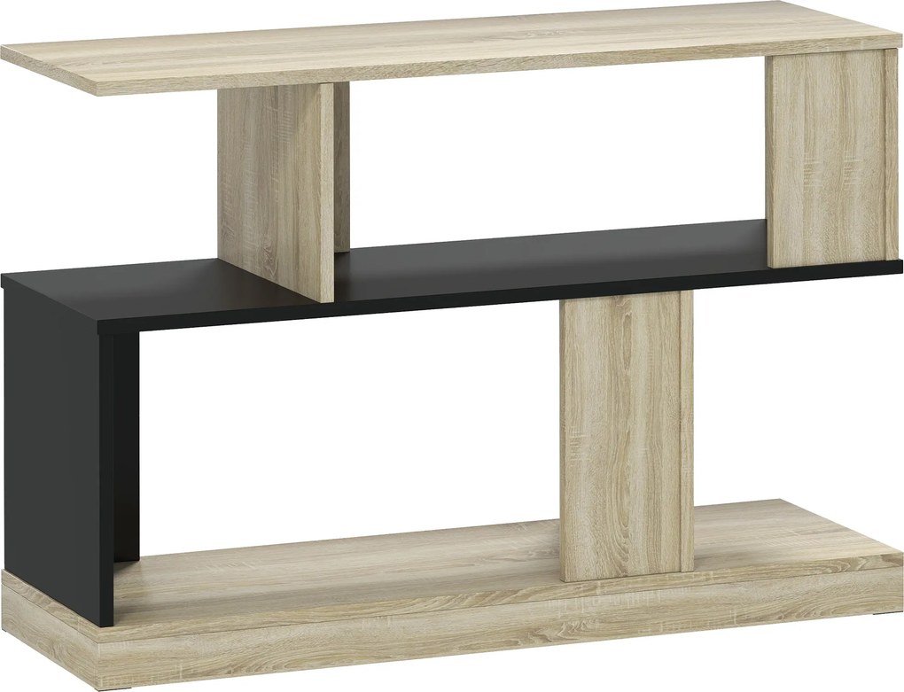 HOMCOM Mesa de apoio em forma de S, mesa lateral com 3 níveis e prateleiras de arrumação, 90 x 30 x 61 cm, efeito madeira natural e preto | Aosom Portugal