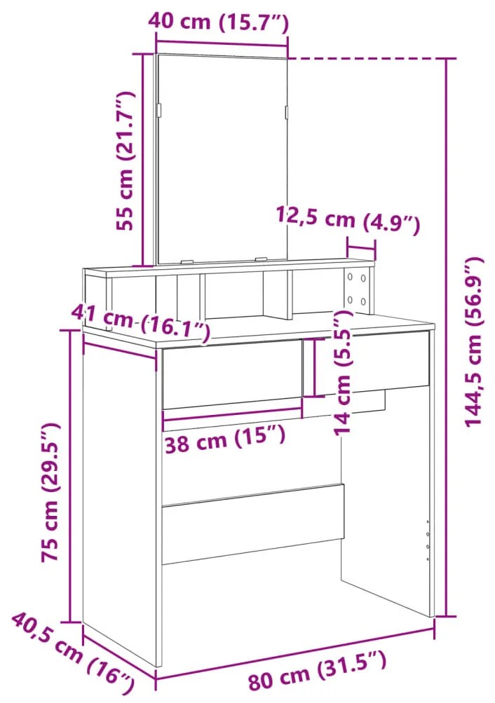 Toucador com espelho 80x41x144,5 cm branco