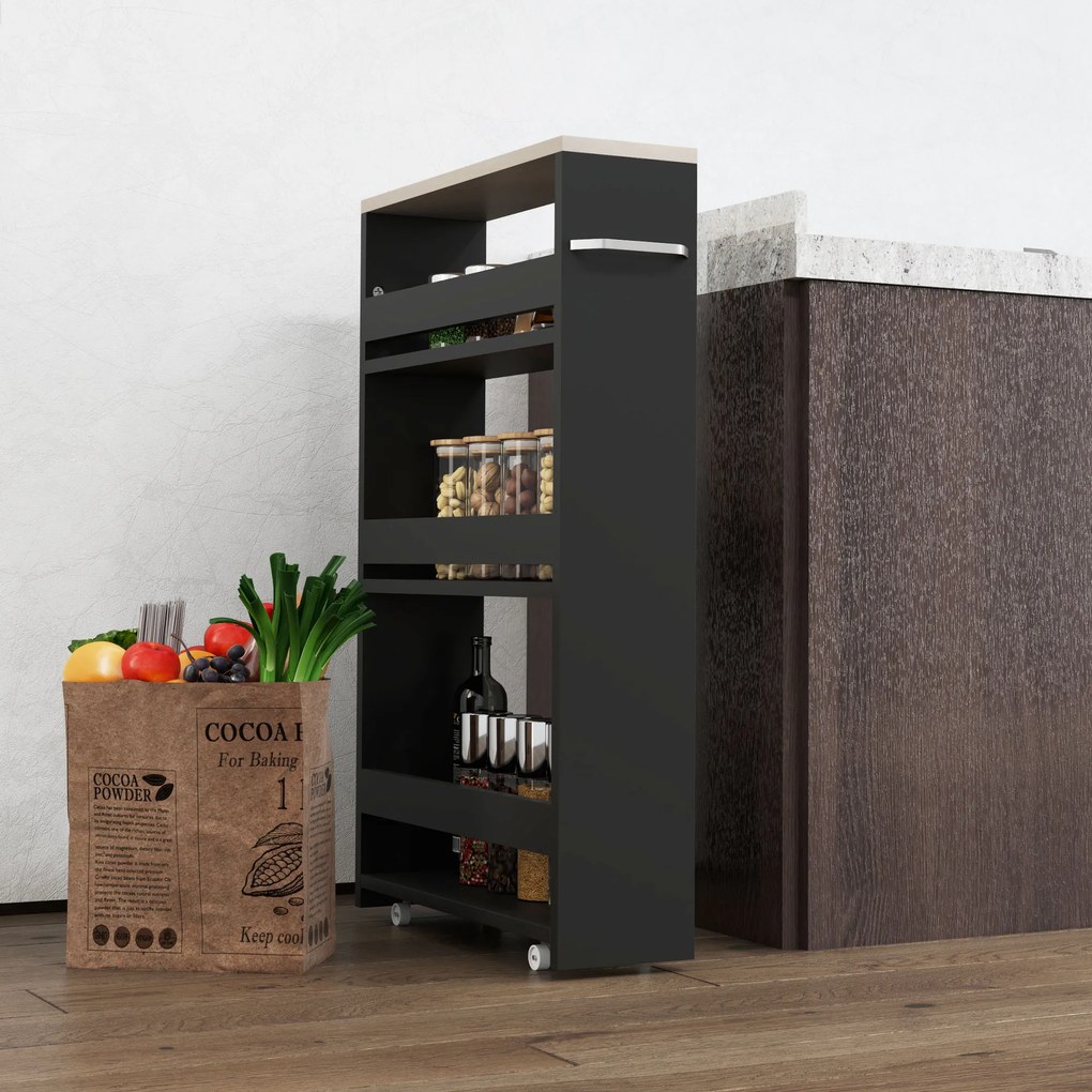 Estante de Armazenamento Casa de Banho de 3 Níveis Estante Estreita com Alça Lateral Estante com Rodas 48x15x80cm Preto