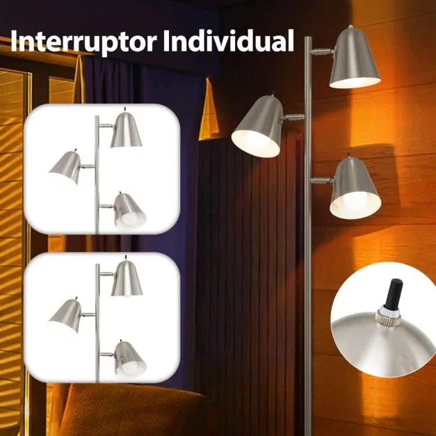 Candeeiro de pé em forma de árvore com 3 lâmpadas e abajures ajustáveis Mastro de metal e base pesada prateado