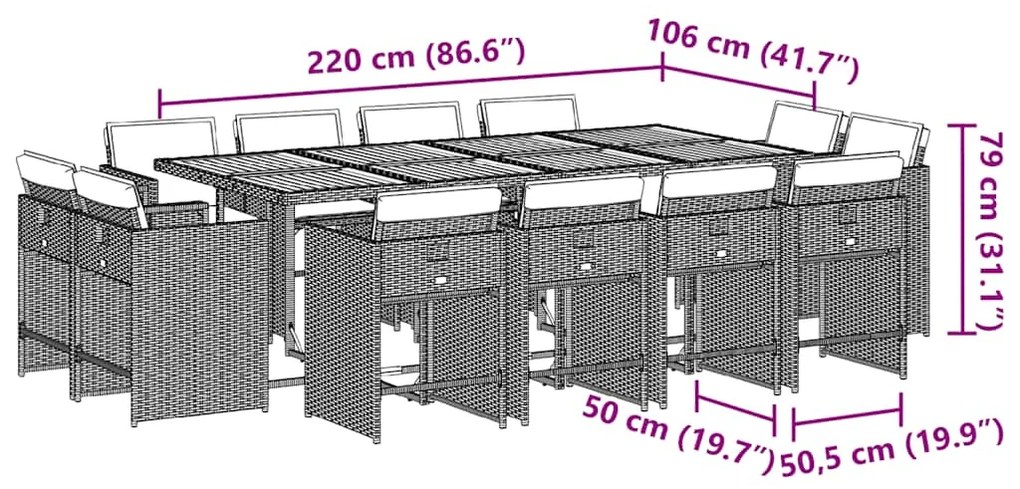 13 pcs conj. jantar jardim c/ almofadões vime PE cinzento-claro