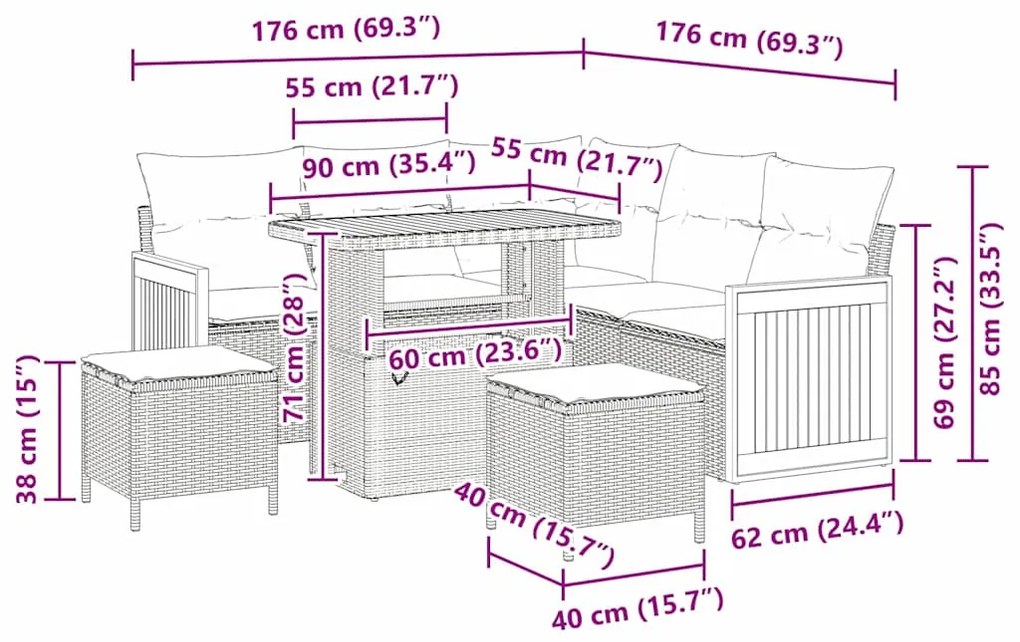 Conjunto de Sofás de Jardim com 8 Peças e Almofadas Preto Rattan Sinté