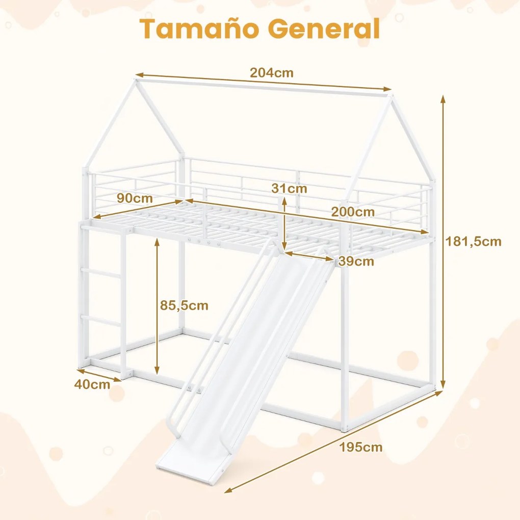 Cama Beliche Crianças 204 x 195 x 181,5 cm em forma de casa com escorrega (COLCHÃO E ACESSÓRIOS IMAGEM NÃO INCLUIDOS) com grade de segurança e escada