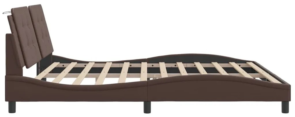 Estrutura cama c/ luz LED 200x200 cm couro artificial castanho