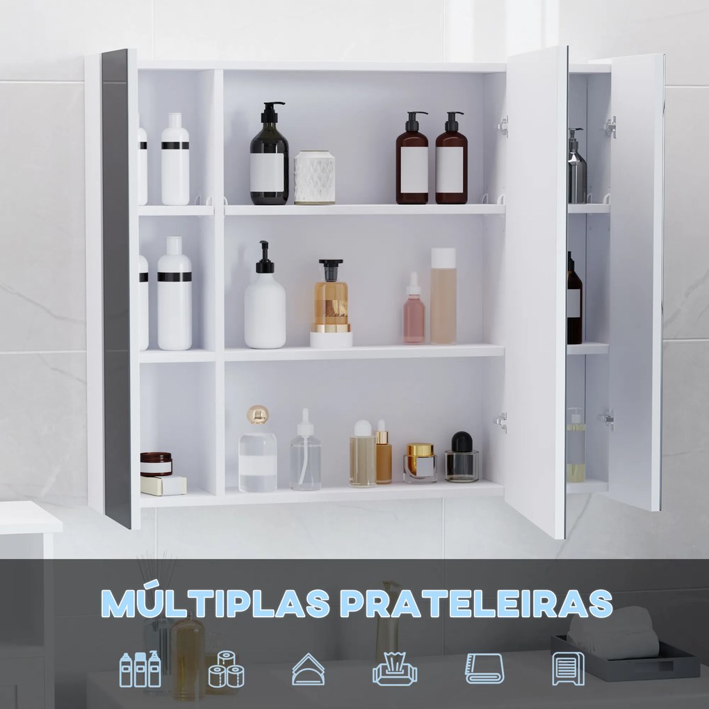 Armário Casa de Banho com Espelho e Luzes LED Armário com Espelho Casa de Banho com Prateleiras Ajustáveis e USB 90x15x75 cm Branco