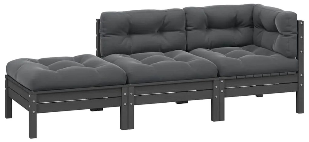 vidaXL 3 pcs conj. lounge jardim c/ almofadões pinho maciço cinzento