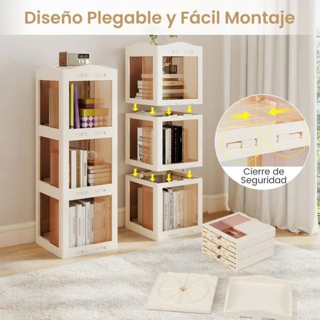 Estante com base giratória giratória 360° com 3 níveis em Plástico dobrável 36,5 x 36 x 108 cm com prateleiras Branca