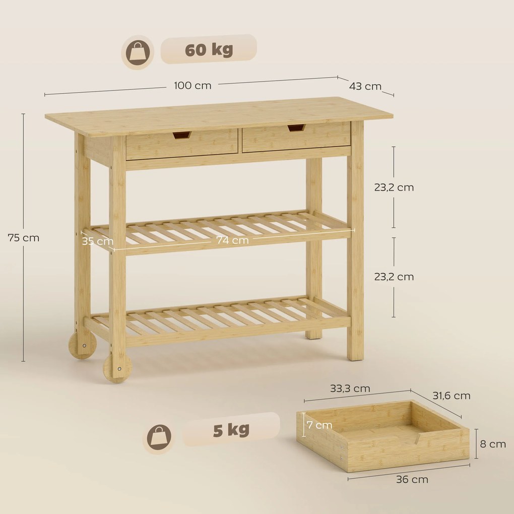 Carrinho de cozinha com rodas em bambu, com 2 gavetas e 2 prateleiras, 100 x 43 x 75 cm, madeira natural
