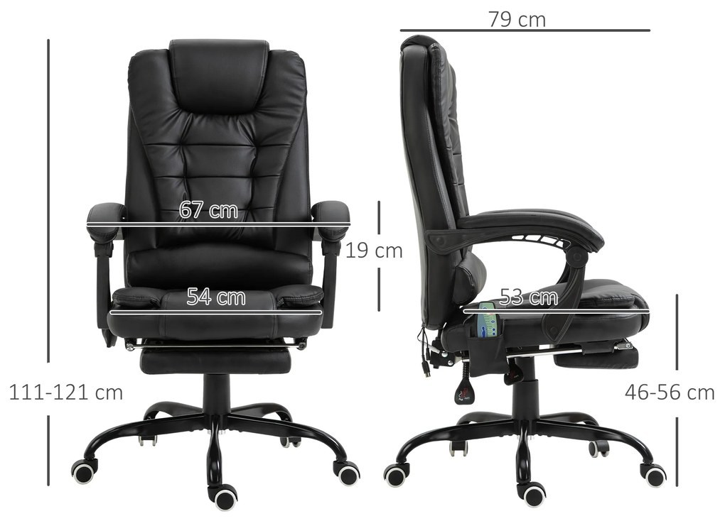 Cadeira de Massagem com 7 Pontos de Massagem Reclinável com Apoio para os Pés e Controlo Remoto 67x79x111-121 cm Preto