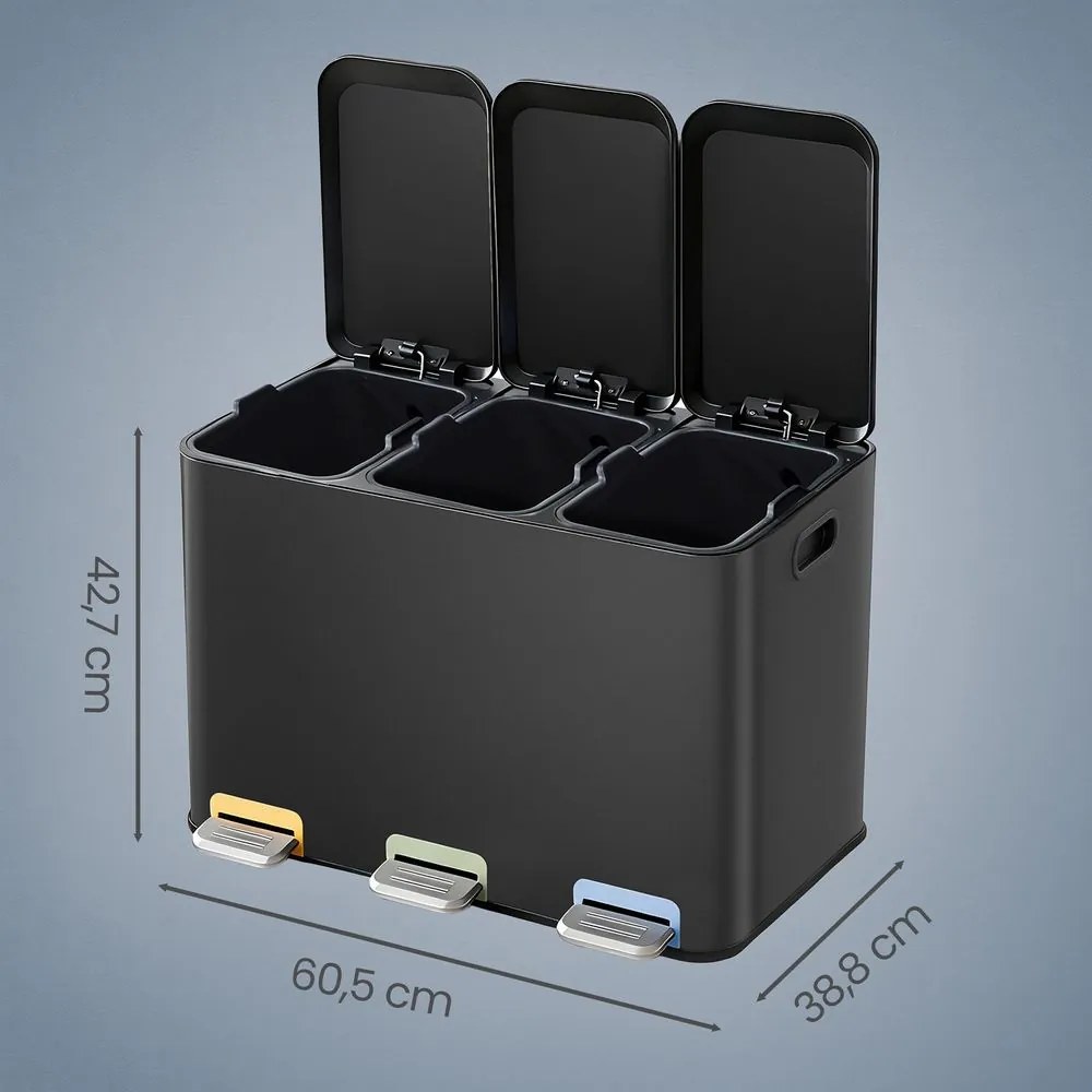 Caixote de lixo 60,5 x 38,8 x 42,7 cm com 3 baldes internos de 15 litros, com pedal em aço Preto