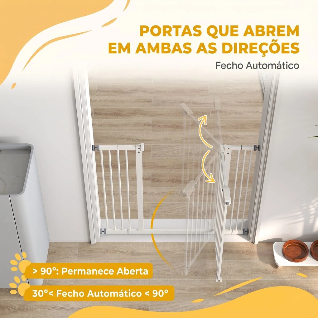 Barreira de Segurança para Cães 74-100 cm com Extensões, Montagem por Pressão e Duplo Bloqueio, Branco