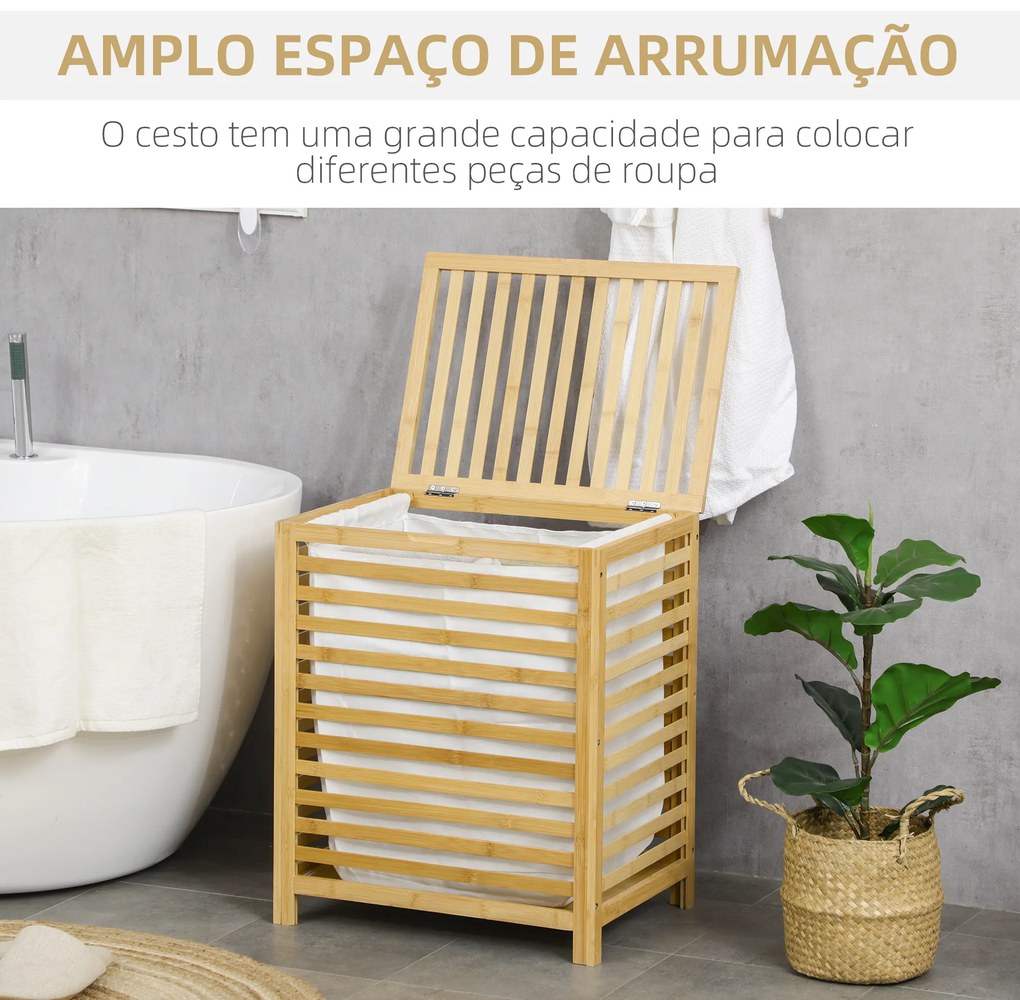 Cesto de Roupa de Bambu Cesto Roupa Suja Capacidade 55L com Bolsa Amovível Forma Retangular 50x36x60 cm Madeira