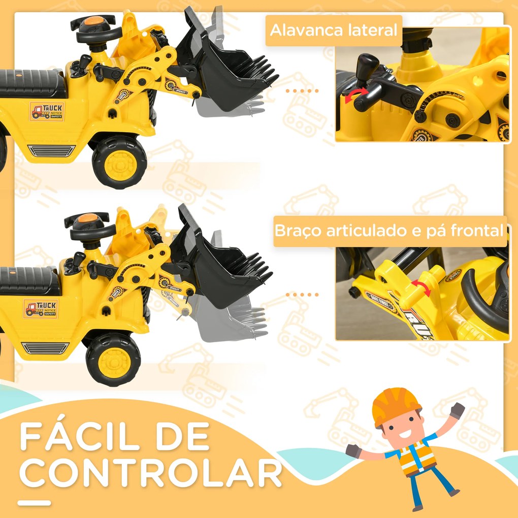 Carro Andador para Crianças Escavadora para Crianças com Pá Dianteira Buzina Volante e Compartimento Oculto 80x26,5x39 cm Amarelo