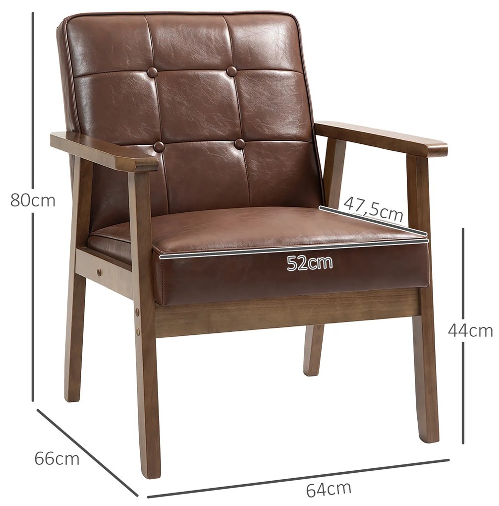 Poltrona Sala de Estar Estofada em PU com Apoio para os Braços e Estrutura de Madeira de Borracha 64x66x80 cm Castanha