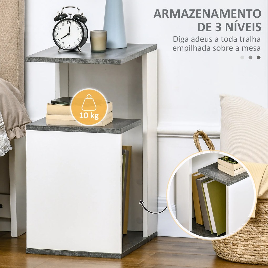 HOMCOM Mesinha de Cabeceira Mesa Auxiliar com 2 Prateleiras de Armazenamento para Dormitório Sala de Estar Estilo Moderno 35x29,5x60cm Cinza e Branco