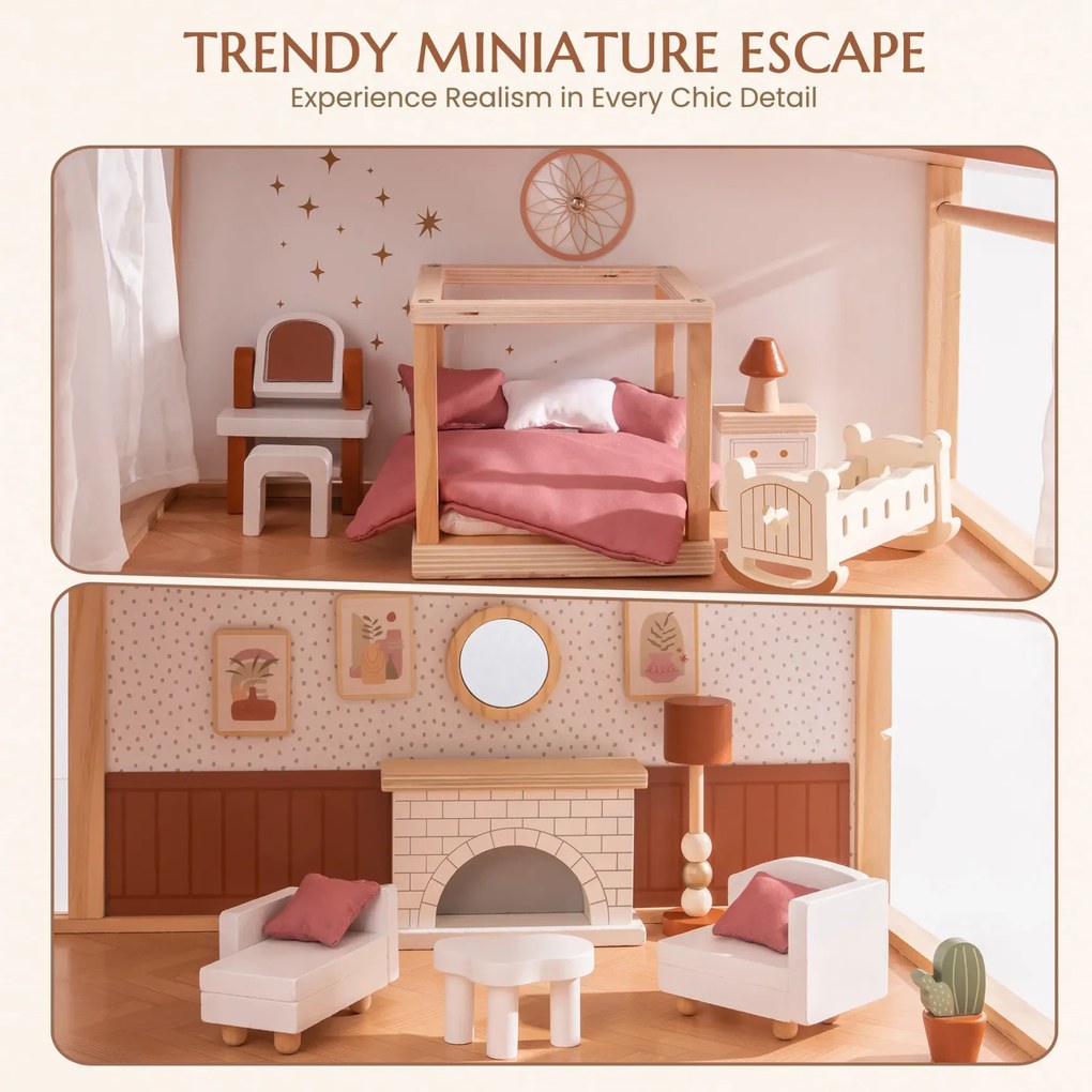 Casa de bonecas de madeira 62,7 x 66 x 29,7 cm com 37 peças de mobiliário Bohemian