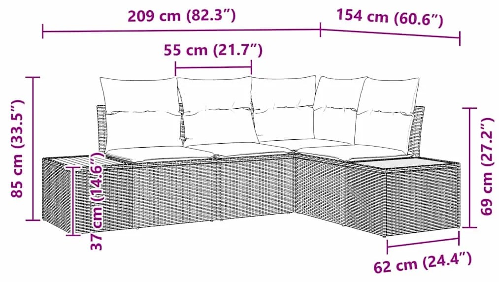 Conjunto de Sofá de Jardim de 4 Peças com Almofadas Bege Polirattan Ac