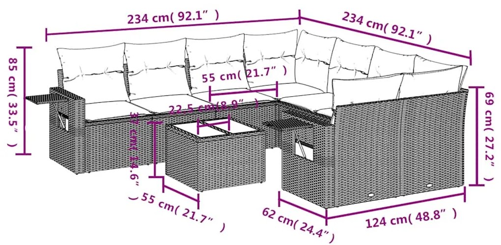 9 pcs conjunto sofás p/ jardim c/ almofadões vime PE castanho