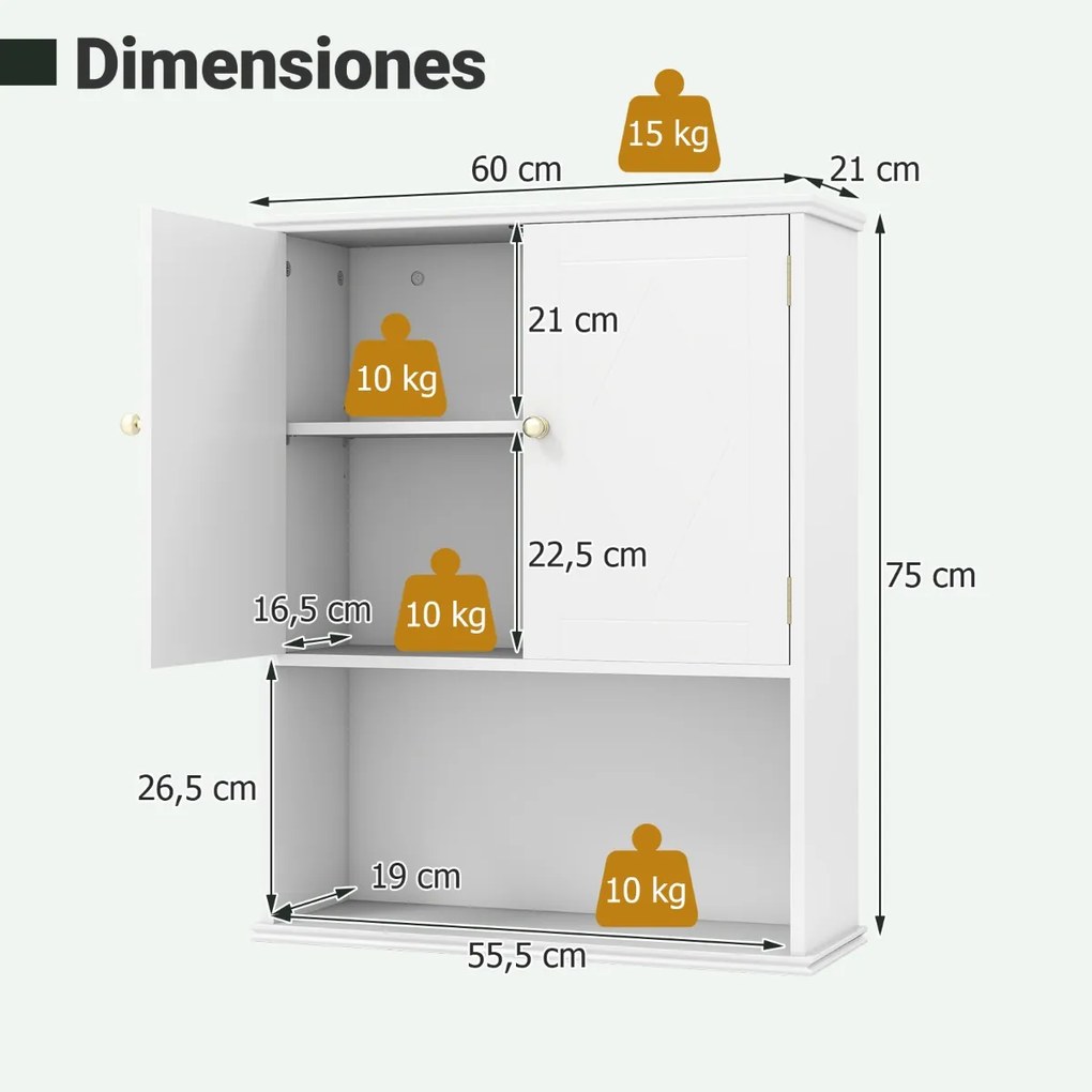 Armário de casa de banho de Parede 60 x 21 x 75 cm com 2 Portas com Prateleira Aberta e Ajustável Branco