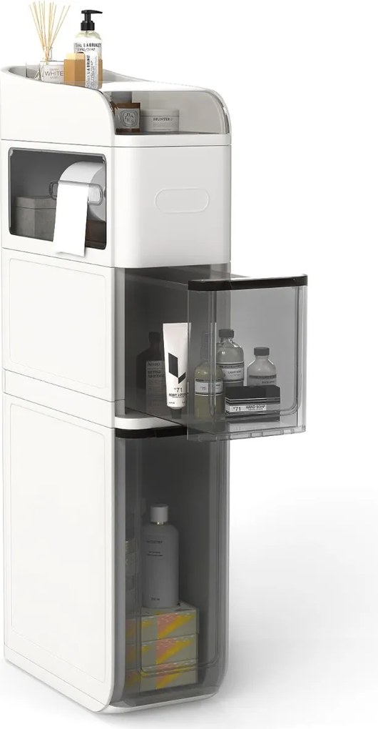 Armário de casa de banho em plástico com 4 prateleiras 43 x 18 x 88 cm, organizador de base estreita de 18 cm, com 2 gavetas e caixa para lenços, bran