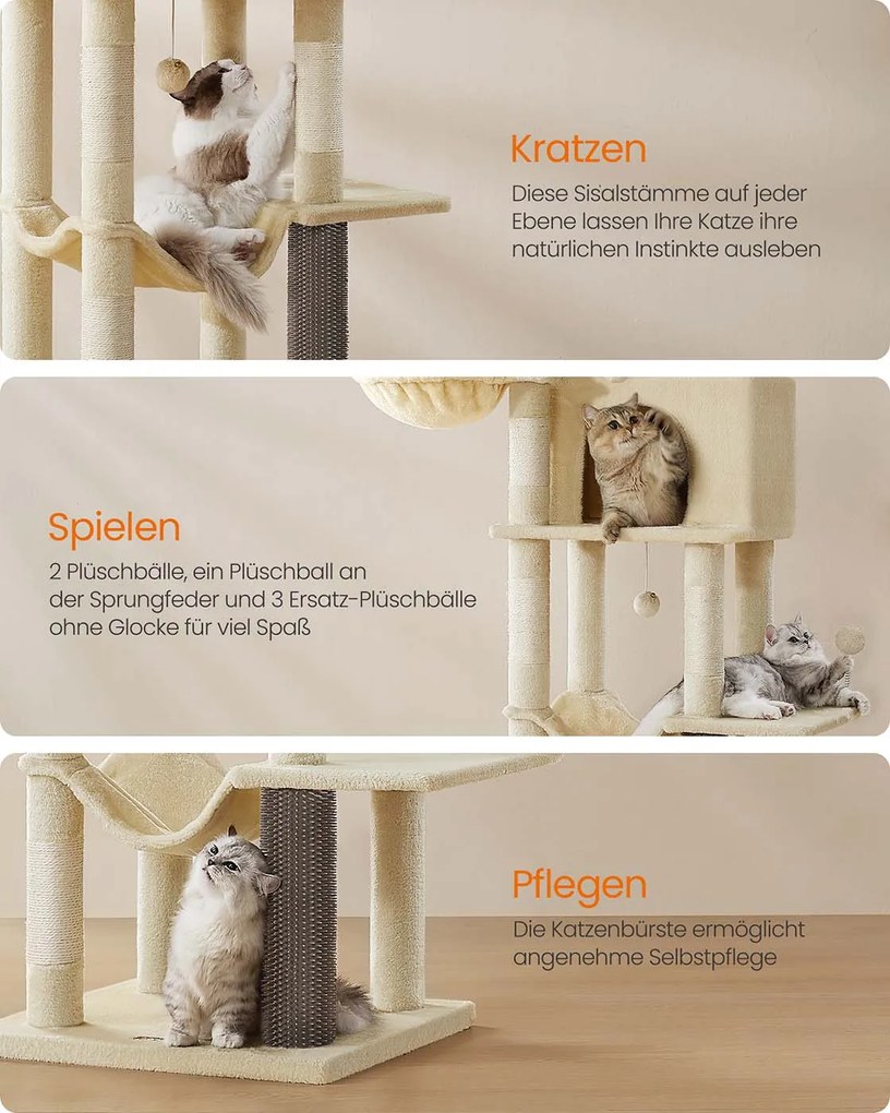 Arranhador para gatos com 190,7 cm de altura, 2 cavernas e 2 cavidades para descansar, cor areia bege