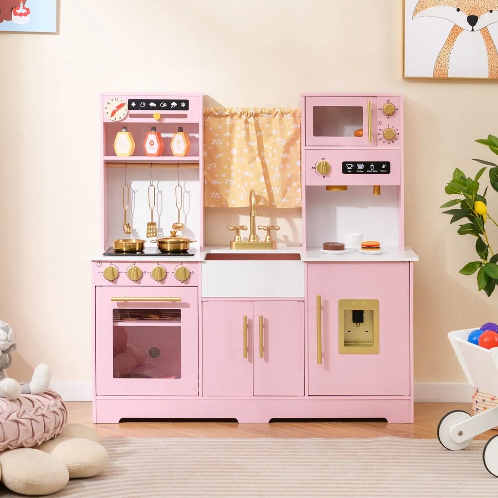 Conjunto de cozinha para crianças com cafeteira, dispensador de água, fogão, pia e torneira para crianças acima de 3 anos, 90 x 30 x 90 cm, rosa claro