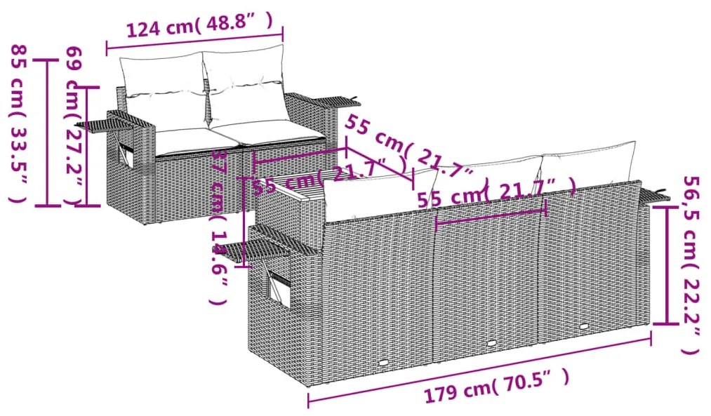 6 pcs conj. sofás jardim c/ almofadões vime PE bege misturado