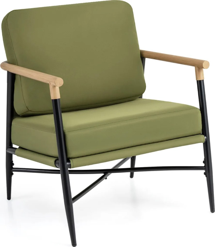 Poltrona moderna de sala com almofadas removíveis com fecho de correr, estrutura em metal e pés ajustáveis, confortável, verde