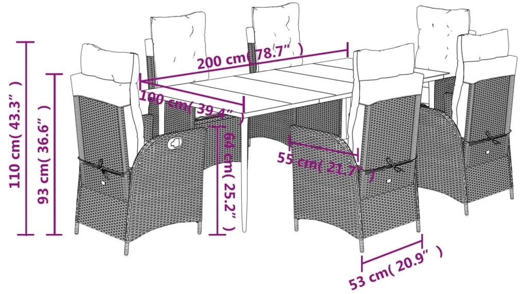 7 pcs conj. jantar p/ jardim c/ almofadões vime PE cinza-claro