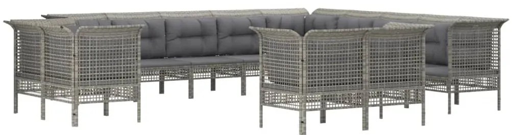 13 pcs conjunto lounge de jardim c/ almofadões vime PE cinzento