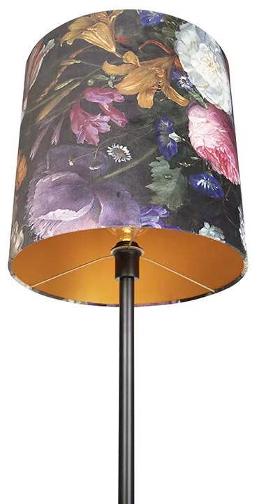 Candeeiro de pé romântico preto com cúpula floral 40 cm - Simplo Clássico / Antigo
