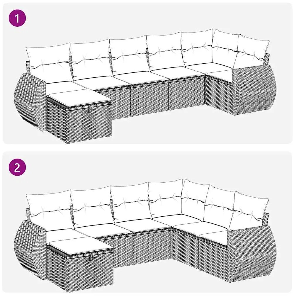 7 pcs conjunto sofás p/ jardim c/ almofadões vime PE cinzento