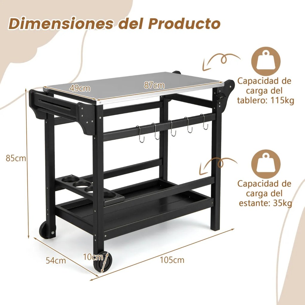Carrinho de cozinha e de jardim com suporte para forno de pizza em PEAD com rodas Mesa para garrafas de vinho em aço inoxidável 105 x 54 x 85 cm Preto