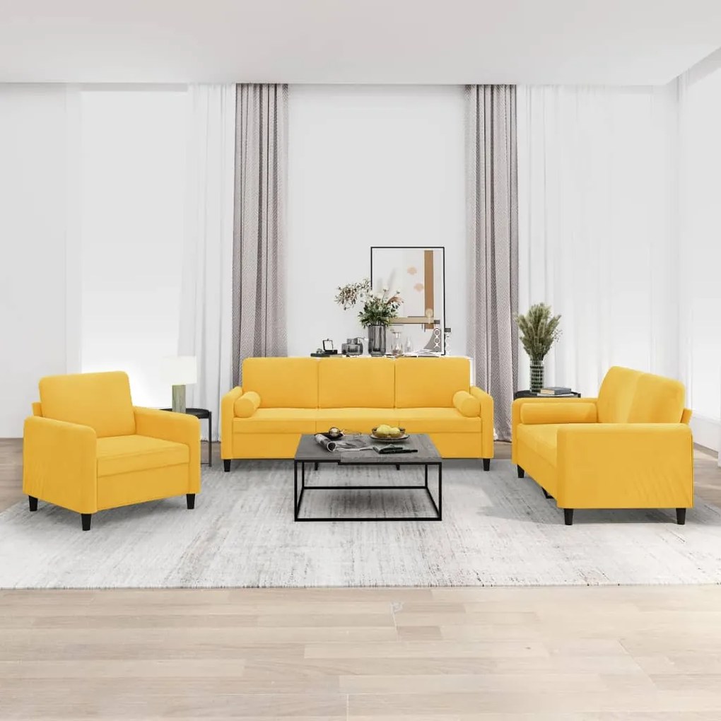 vidaXL 3 pcs conjunto sofás c/ almofadas/almofadões veludo amarelo
