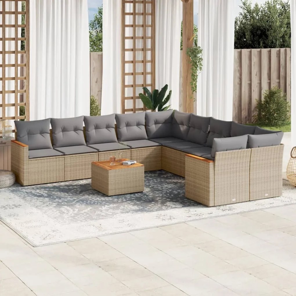 11 pcs conjunto sofás de jardim c/ almofadões vime PE bege