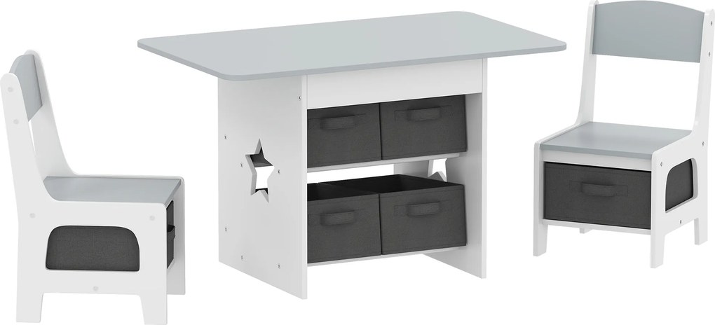 Mesa Infantil com 2 Cadeiras Mesa e Cadeiras para Crianças com 6 Gavetas de Tecido Desenho Estrelas Cinza Claro