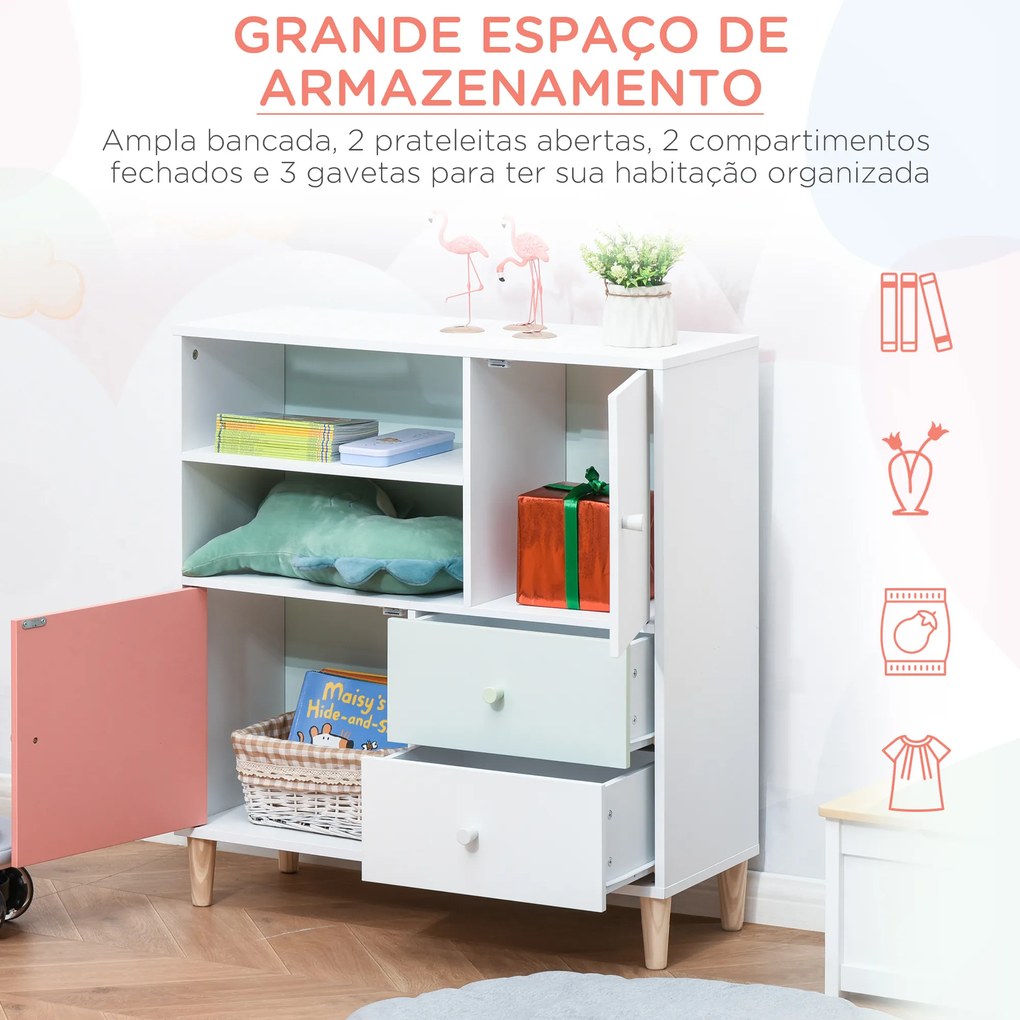HOMCOM Móvel Infantil Cómoda para Crianças com 2 Compartimentos 2 Gavetas e 2 Armários para Armazenamento de Livros Brinquedos Roupa 80x30x85cm Coral Verde Menta Branco