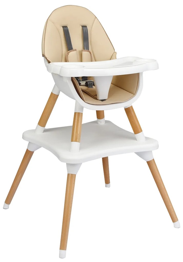 Cadeira refeições bebé alta conversível de madeira 4 em 1 com arnês de 5 pontas com bandeja removível e ajustável em 4 posições e almofada Bege