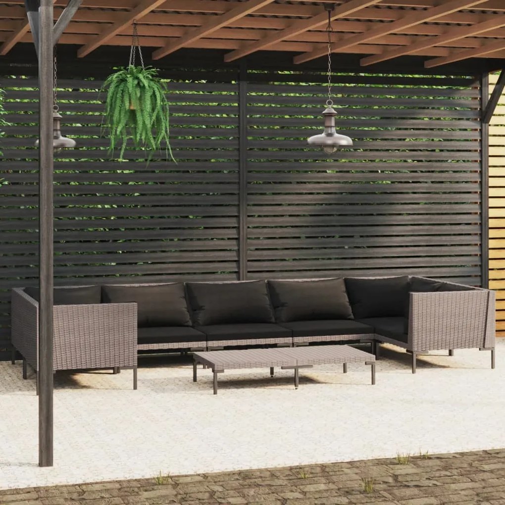 vidaXL 8 pcs conj. lounge jardim c/ almofadões vime PE cinzento-escuro
