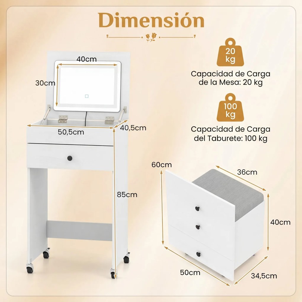 Toucador 3 em 1, 50,5 x 40,5 x 85 cm: Espelho com luzes, dobrável, mesa de maquilhagem, gavetas, banco, arrumação, rodas, ideal para espaços pequenos