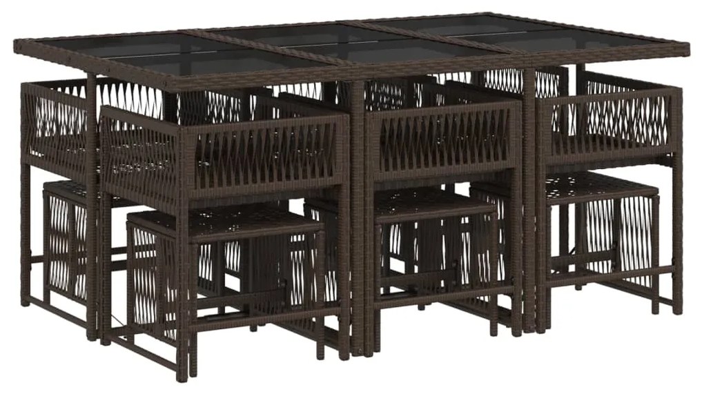 11 pcs conjunto jantar p/ jardim c/ almofadões vime PE castanho