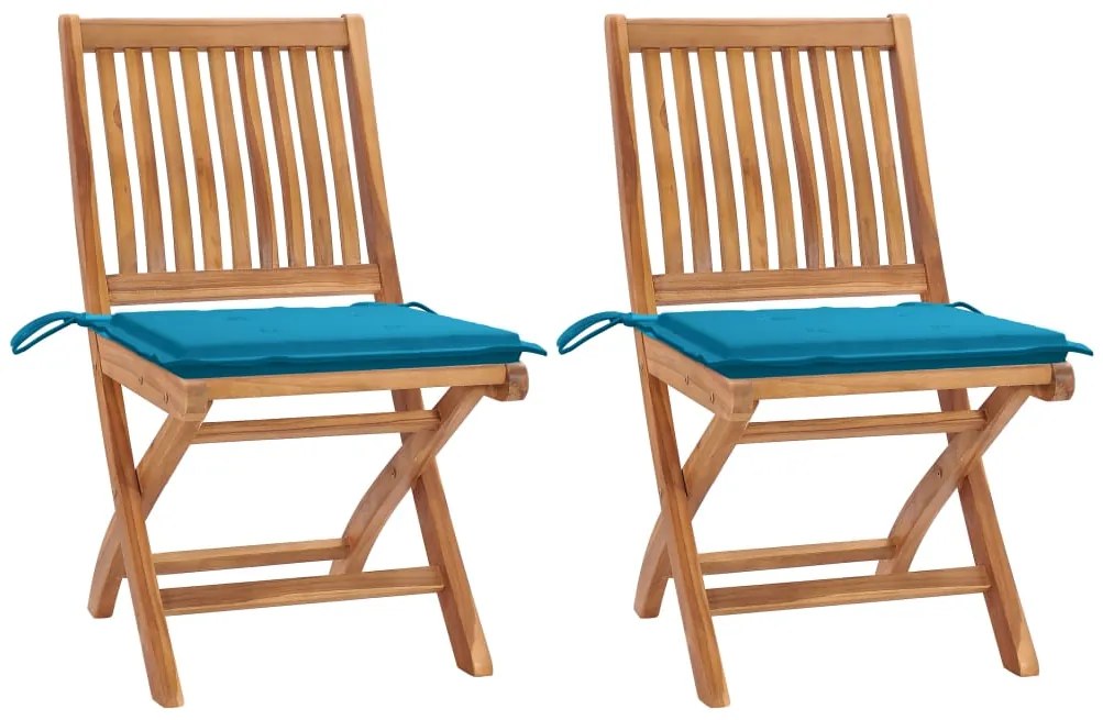Cadeiras de jardim c/ almofadões azuis 2 pcs teca maciça