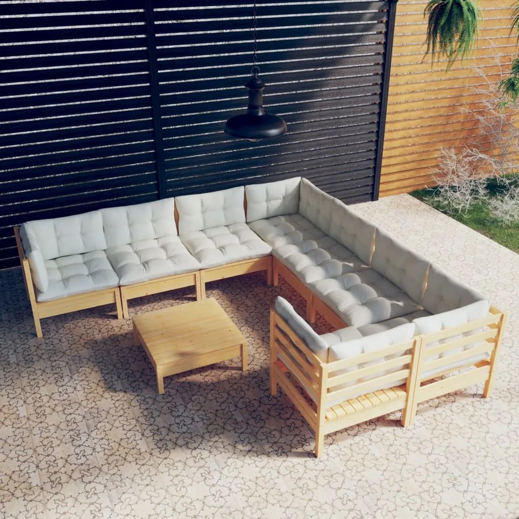 vidaXL 9 pcs conjunto lounge de jardim c/ almofadões cor creme pinho