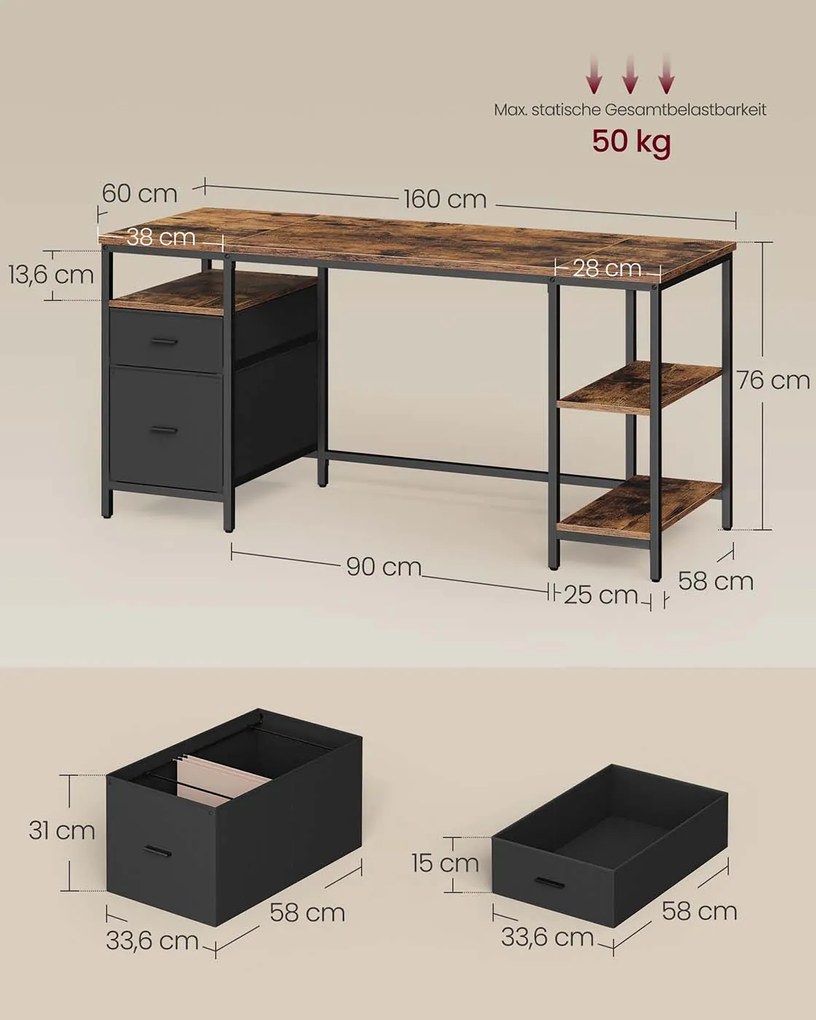 Secretária com 3 prateleiras e 2 gavetas 60 x 160 x 76 cm castanho vintage + preto