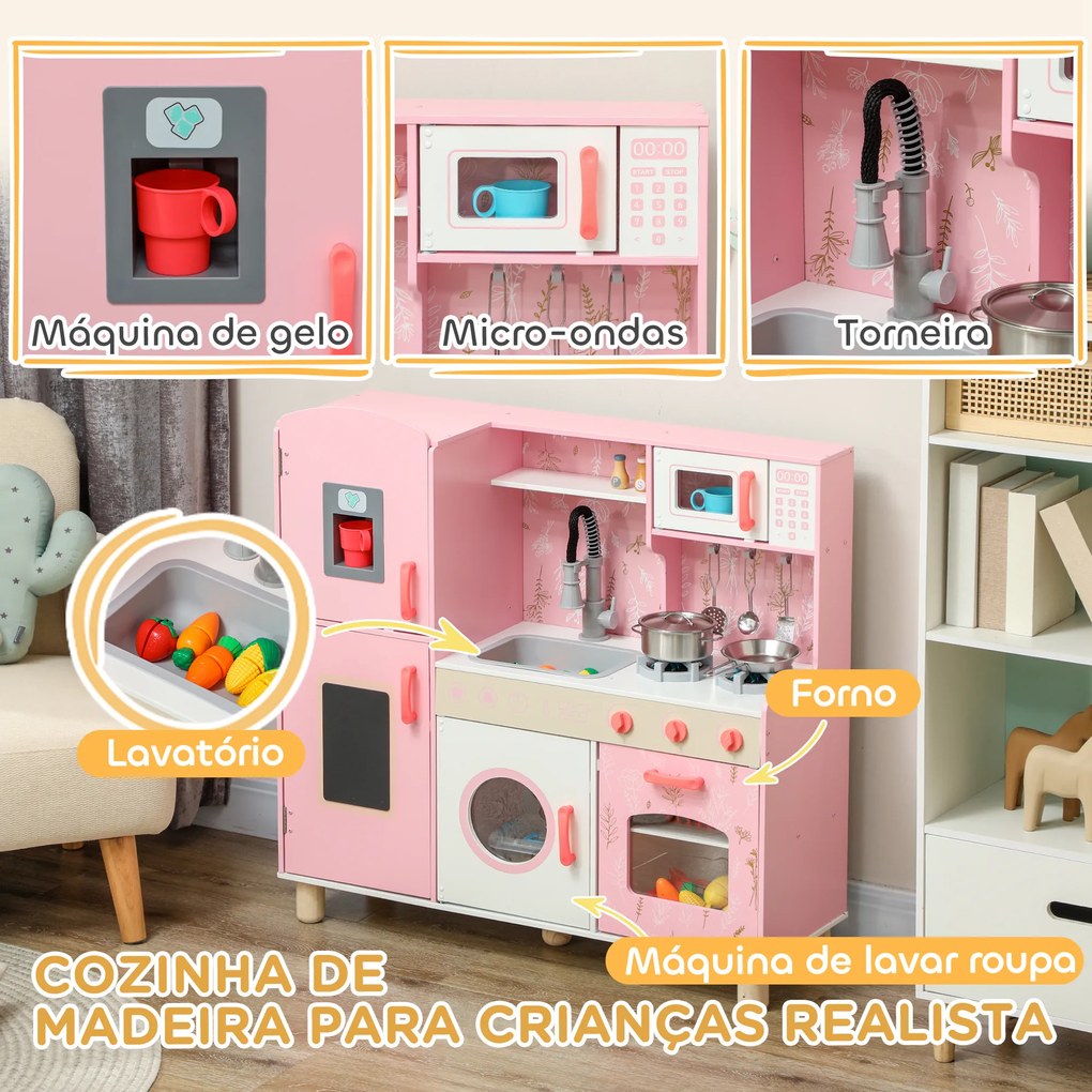 Cozinha de Madeira para Crianças com Sons Fogão Forno Micro-Ondas Máquina de Gelo e Acessórios 90x33,3x91,6 cm Rosa